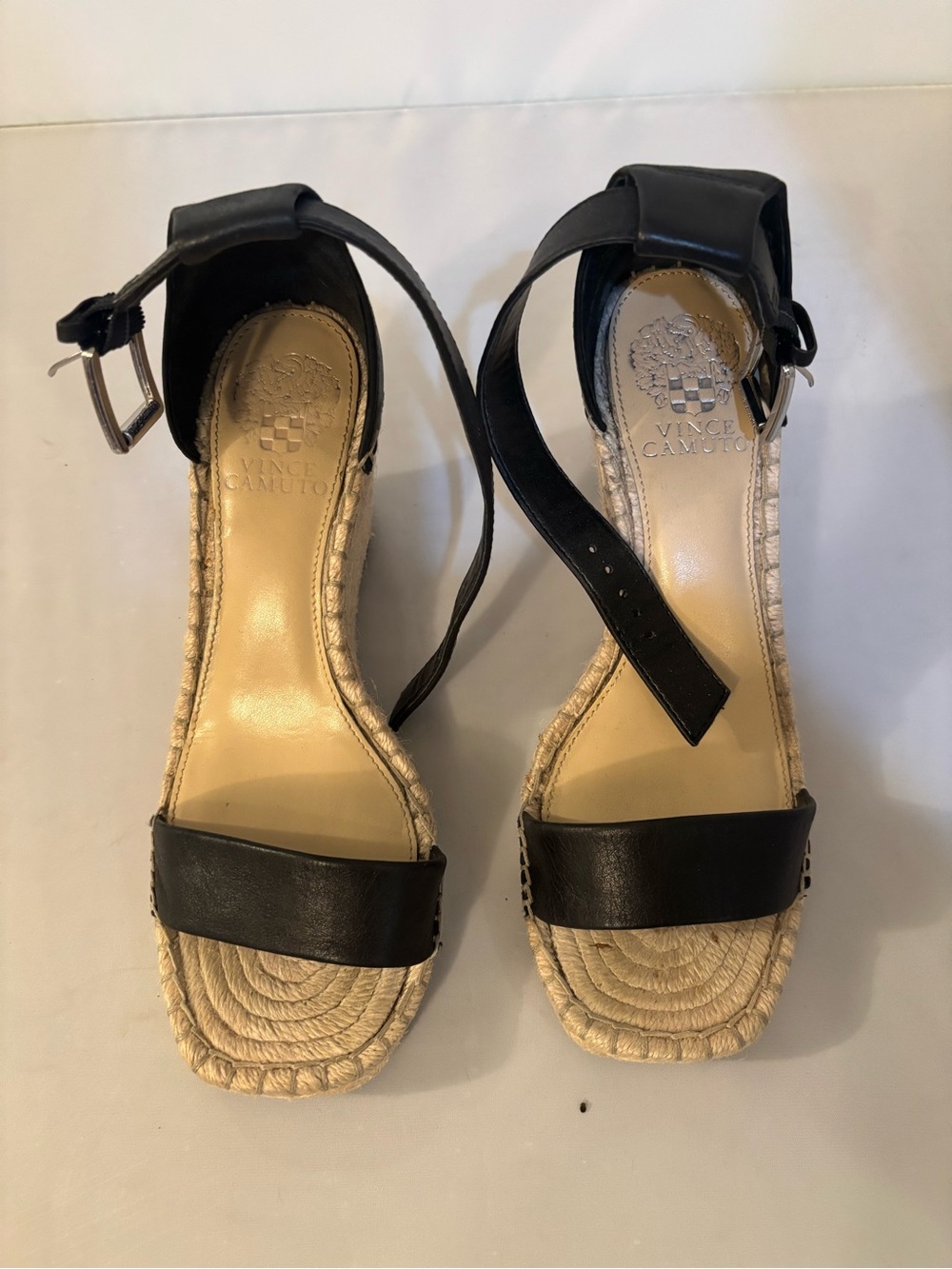Vince Camuto Black Leather Espadrille Ankle-Strap Wedge Sandals